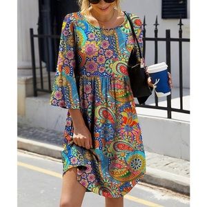 IZURIA Blue & Yellow Paisley Bell Sleeve Empire Waist Dress Size medium NWOT